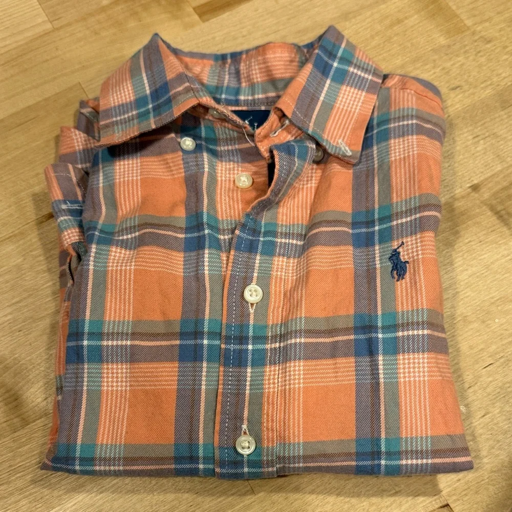 Ralph Lauren Boys Plaid Shirt 4T Orange Blue Flannel Long Sleeve
